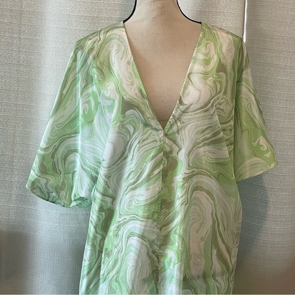 H&M WOMENS KAFTAN DRESS GREEN MARBLED V-NECK SIZE M - Picture 3 of 9